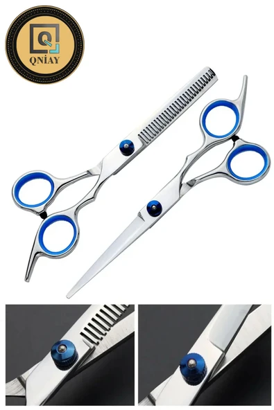 QNİAY Profesyonel Düz ve Ara Makas Set Kuaför Makas Berber Seti Gri-Mavi Saç inceltme Kesim Hair