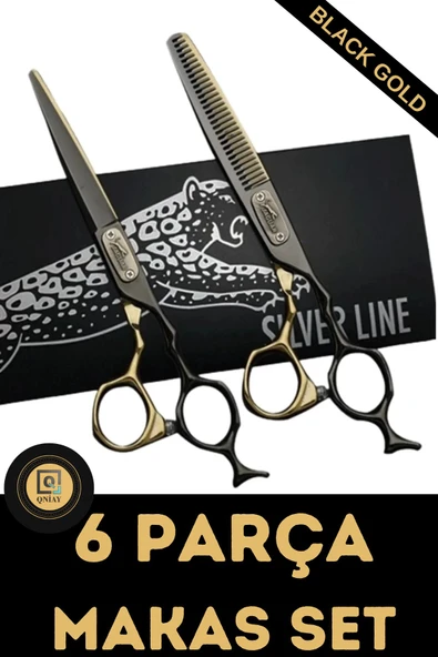 QNİAY 6 Parça Black-Gold Çantalı Saç Kesim Makas Seti Düz ve Ara Makas Saç Tıraş Kuaför Berber - 2
