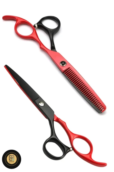 QNİAY 5 Parça Deri Taşıma Çantalı Red-Black Ara ve Düz Makas Seti 6.5 inç Berber Prof Kuaför Kesim Seti - Resim 2
