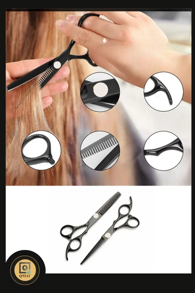 QNİAY Profesyonel Siyah Makas Seti |Düz Makas-Ara Makas| İnceltme Berber Saç Kesme Makası Kuaför Araçları - Resim 4