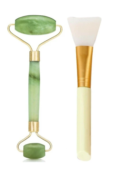 QNİAY New 2li Set Jade Roller Çift Taraflı Yeşim Taşı | Maske Sürme Fırçası Cilt Yüz Bakım Seti