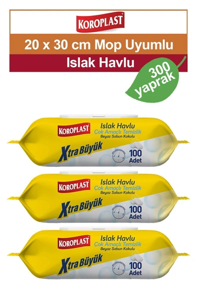 Koroplast Mop uyumlu Çok Amaçlı Islak Temizlik Havlusu Beyaz Sabun Kokulu 3x100 adet