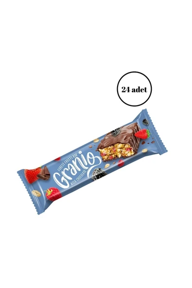 GRANIO Sütlü Çikolata Kaplamalı Yulaf Ezmeli Kırmızı Meyveli Bar 40 gr X 24 Adet