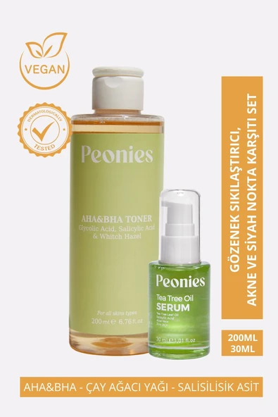 PEONİES Gözenek Sıkılaştırıcı,  ve Siyah Nokta Karşıtı Set | AHA-BHA Tonik ve Çay Ağacı Yağı Serum