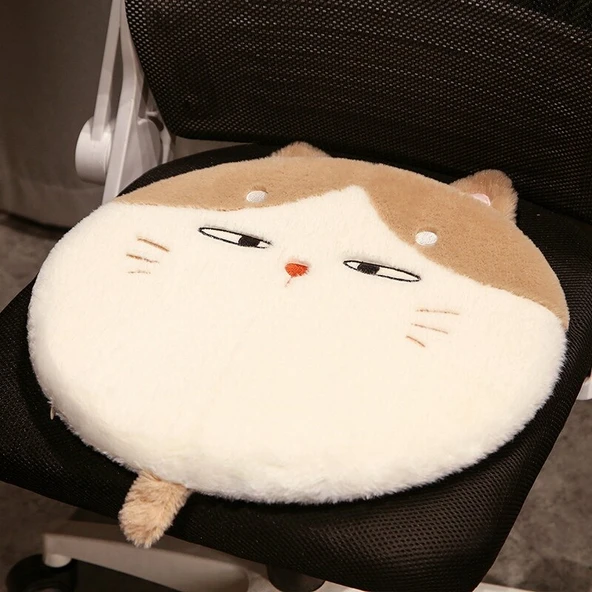 Yıkanabilir Kahverengi Kedi Tasarımlı Hafızalı Köpük Koltuk Minderi - 40cm