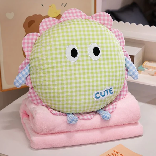Ayçiçeği Desenli 2si1 Arada Peluş Yastık Battaniye - Yeşil