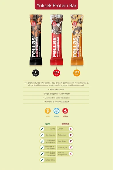 Fellas Yüksek Protein Bar - Bademli ve Kakaolu 45 gr x 12 Adet - 7
