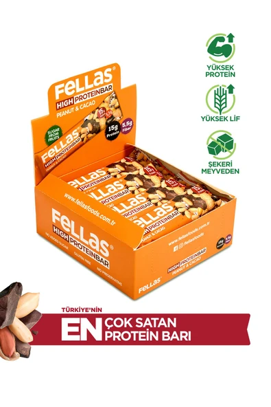 Fellas Yüksek Protein Bar - Yer Fıstıklı ve Kakaolu 45 gr x 12 Adet
