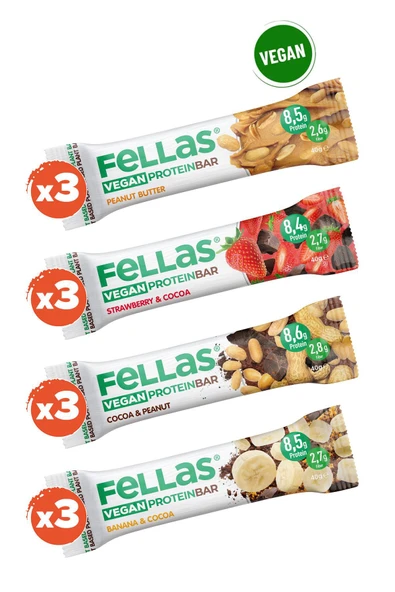 Fellas Vegan Protein Bar 40g Karma Kutu 12 Adet (4 ÇEŞİT)