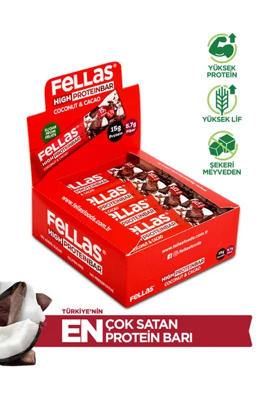 Fellas Yüksek Protein Bar - Hindistan Cevizli ve Kakaolu 45 gr x 12 Adet