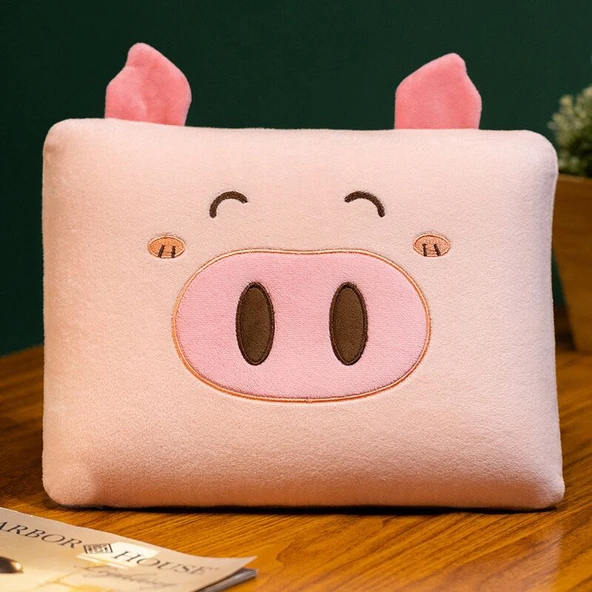 Çizgi Film Desenli Hafızalı Köpük Uyku Yastığı - Pembe Domuz 35x25cm