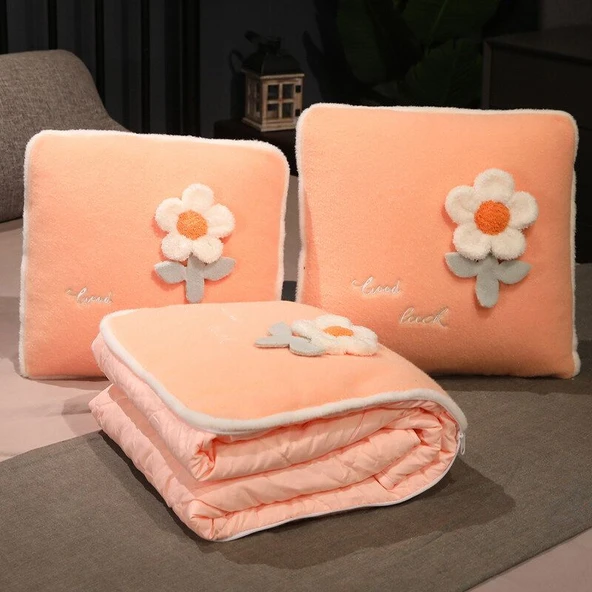 Lale Çiçeği Peluş Yastık Battaniye 2si 1 Arada - Çiçek Turuncu - 38x38cm (1mx1.5m)