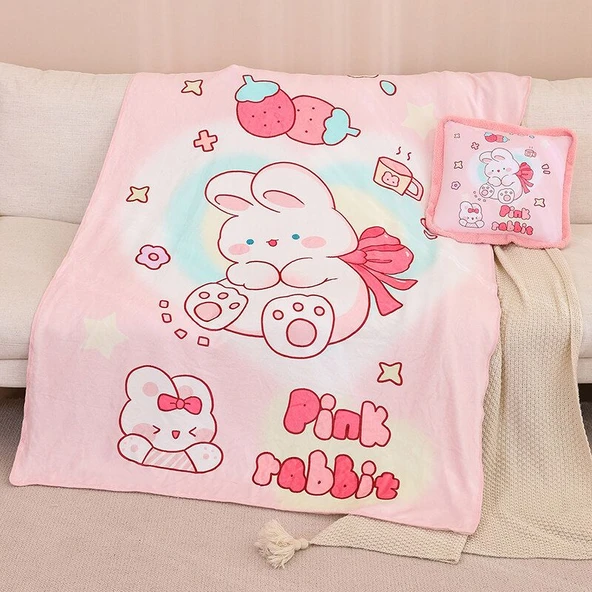 Çizgi Film Desenli Yastık ve Battaniye - Pembe Tavşan Baskılı Battaniye 120x160cm
