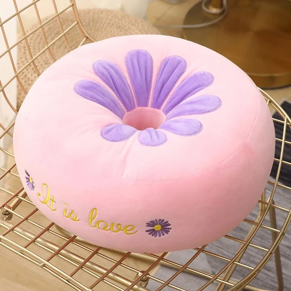 Papatya Desenli Oyuklu Peluş Minder - 38x38cm - Kristal Süper Yumuşak Pembe