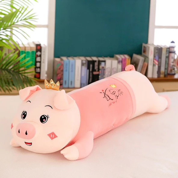 Taçlı Domuz Peluş Yastık - Pembe Seni Seviyorum - 100cm