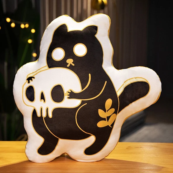 Cadılar Bayramı Peluş Yastık - Koyu Kedi Büyük 35x40cm