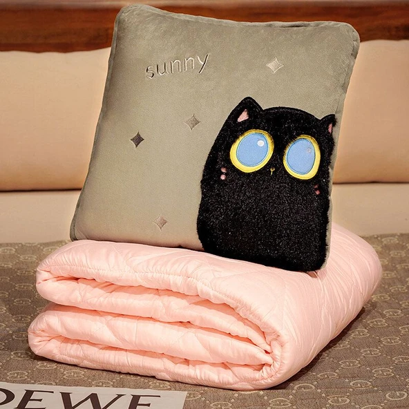 Çizgi Film Hayvan Peluş Klima Battaniyesi - Ayakta Duran Kedi Pembe 38x38cm (1.5x1m)