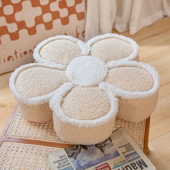 Çiçek Şeklinde Peluş Yastık - Açık Sütlü Çay Rengi - 50cm