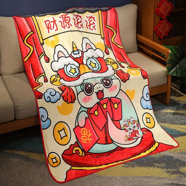 Yılan Yılı Baskılı Flanel Battaniye - Gong Xi Fa Cai - Renkli Hediye Kutulu - 80x100cm - 10