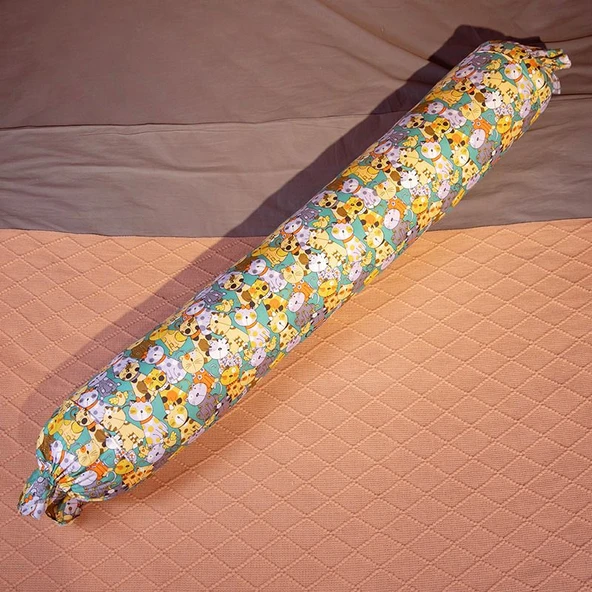 Pamuk Şeker Uzun Yastık - Çıkarılabilir Yıkanabilir Minder - Renkli Kedi - 120cm - 6