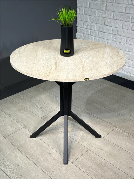 Hey Modüler Mobilya Saray Traverten Yuvarlak Mutfak Yemek Masası Balkon Metal Siyah Ayak 80 Cm - 3
