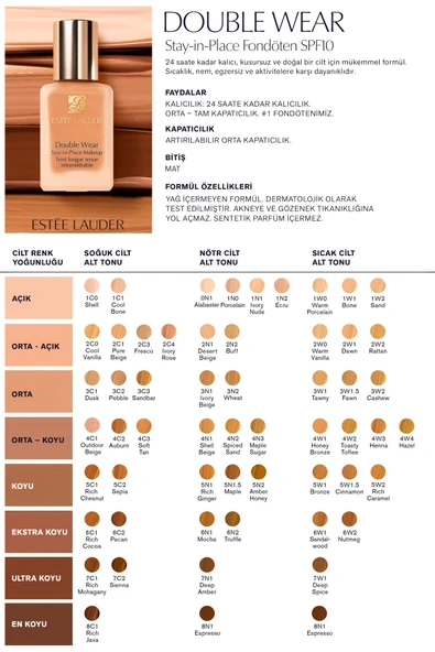 ESTEE LAUDER Doğal ve Mat Bitişli - Double Wear Stay-in-Place Fondöten SPF 10 ( 2WO Warm Vanilla ) - 30 ml - 6