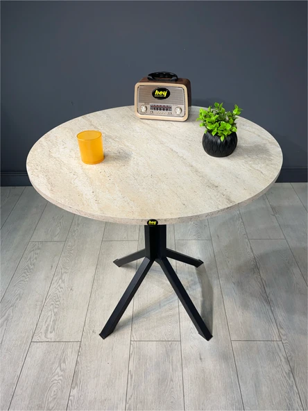 Hey Modüler Mobilya Saray Traverten Yuvarlak Mutfak Yemek Masası Balkon Metal Siyah Ayak 80 Cm