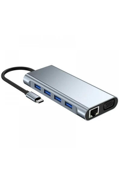 Aksesuarcı 11in1 Macbook Pro Air Type-C Çevirici Dönüştürücü Çoklayıcı Pd Şarj Hdmi Sd Network Vga Girişli Taşınabilir Adaptör - 7