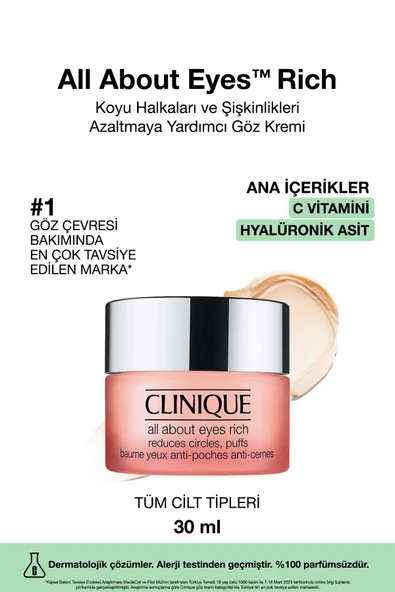 CLİNİQUE All About Eyes Rich™ Hyalüronik Asit Ve Kafein Içeren Yoğun Göz Kremi 30ml | Şişkinlik Ve Koyu Halka