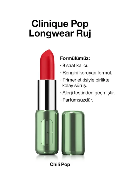 CLİNİQUE Pop Longwear™ Gün Boyu Kalıcı Ruj - Renk: Chilli Pop 3.9g | Mat Bitiş