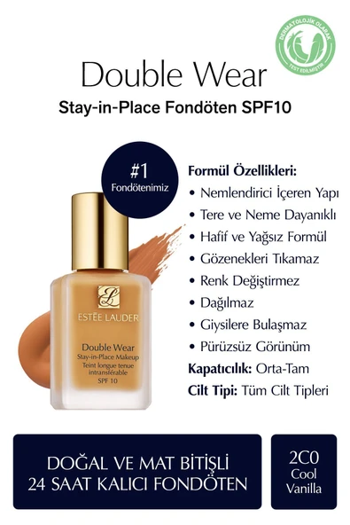 ESTEE LAUDER Doğal ve Mat Bitişli - Double Wear Stay-in-Place Fondöten SPF 10 ( 2C0 Cool Vanilla ) - 30 ml