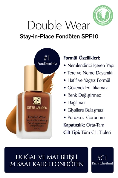 ESTEE LAUDER Doğal ve Mat Bitişli - Double Wear Stay-in-Place Fondöten SPF 10 ( 5C1 Rich Chestnut ) - 30 ml
