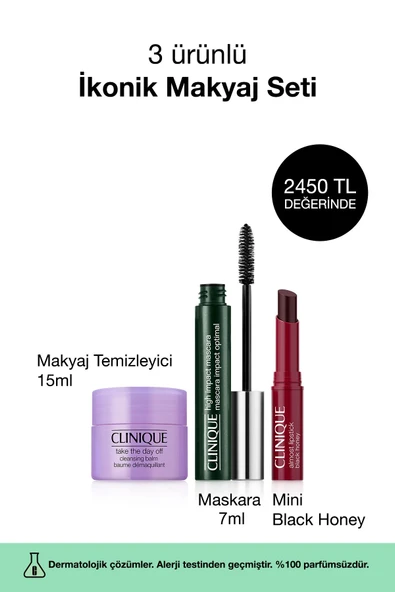 CLİNİQUE 3'lü İkonik Makyaj Seti - Mini Black Honey Ruj, High Impact Maskara 7ml, Makyaj Temizleyici 15ml