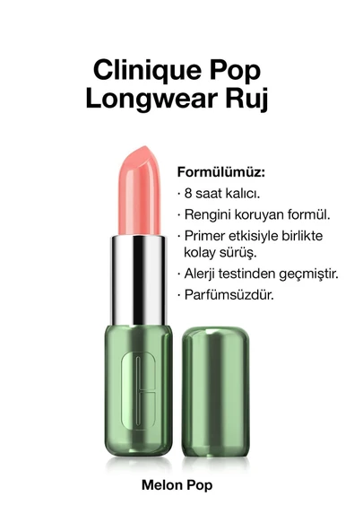 CLİNİQUE Pop Longwear™ Gün Boyu Kalıcı Ruj - Renk: Melon Pop 3.9g | Parlak Bitiş ürün görseli