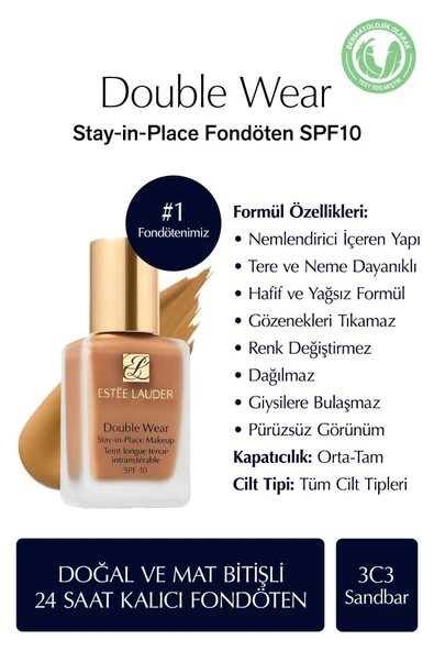 ESTEE LAUDER Doğal ve Mat Bitişli - Double Wear Stay-in-Place Fondöten SPF 10 ( 3C3 Sandbar ) - 30 ml