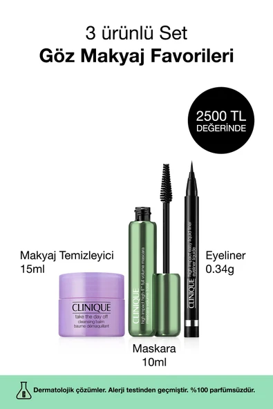 CLİNİQUE 3'lü Göz Makyaj Favorileri Seti - Hi-Fi Maskara 10ml, Siyah Eyeliner, Makyaj Temizleyici Balm 15ml