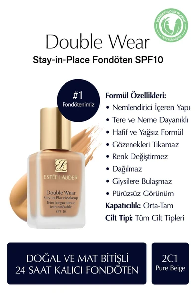 ESTEE LAUDER Doğal ve Mat Bitişli - Double Wear Stay-in-Place Fondöten SPF 10 ( 2C1 Pure Beige ) - 30 ml