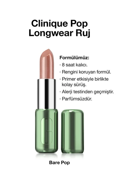 CLİNİQUE Pop Longwear™ Gün Boyu Kalıcı Ruj - Renk: Bare Pop 3.9g | Parlak Bitiş