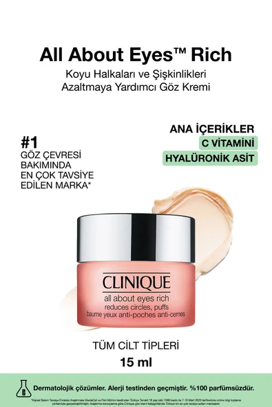 CLİNİQUE All About Eyes Rich™ Hyalüronik Asit Ve Kafein Içeren Yoğun Göz Kremi 15ml | Şişkinlik Ve Koyu Halka