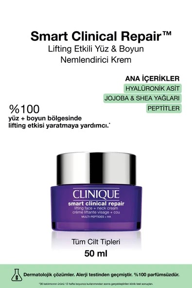 CLİNİQUE Smart Clinical Repair™ Lifting Etkili Yüz Ve Boyun Nemlendirici Krem 50ml | Hyalüronik Asit, Peptit