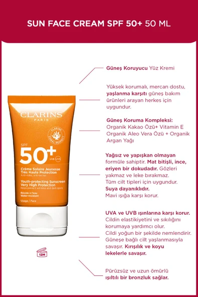 CLARİNS SUN FACE CREAM SPF50+ 50 ML - Yüz İçin Güneş Kremi - Çok Yüksek Koruma SPF50+ - 1
