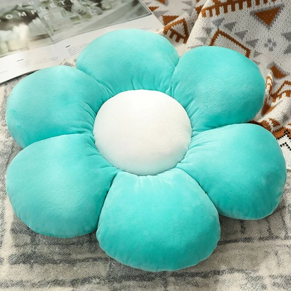 Çiçek Peluş Yastık Minder - Mavi, 70cm