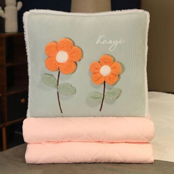 Çiçek Tasarımlı Peluş Yastık Battaniye - Yeşil 45x45cm