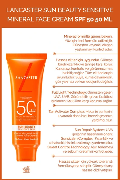 LANCASTER Sun Beauty Sensitive Skin Mineral Face Cream SPF50 50 ML
