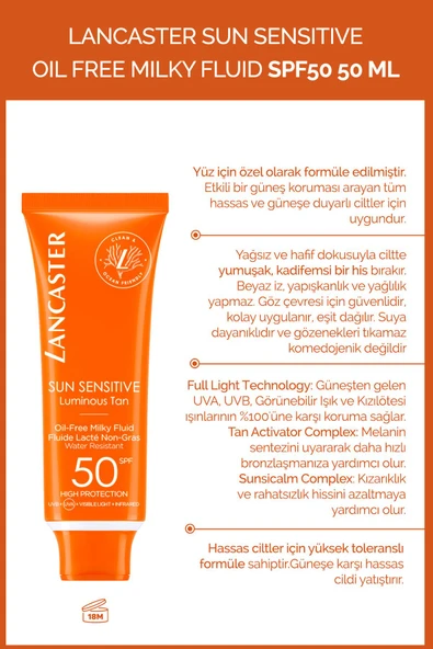 LANCASTER Sun Sensitive Oil Free Milky Fluid Spf50 50ml - Hassas Ciltler Için Yüz Güneş Koruması Spf50