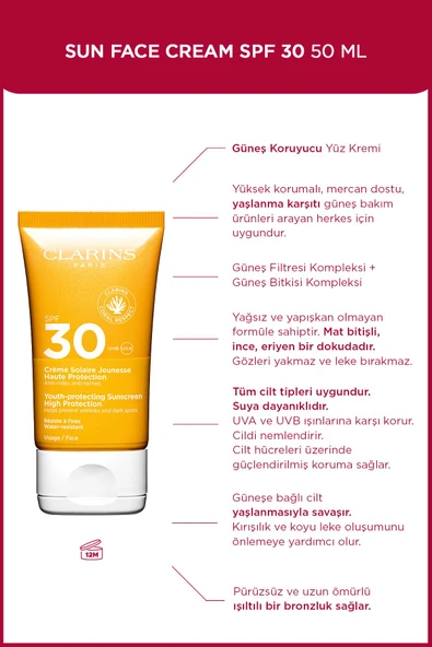 CLARİNS SUN FACE CREAM SPF30 50ML - Yüz için 30 SPF Güneş Kremi