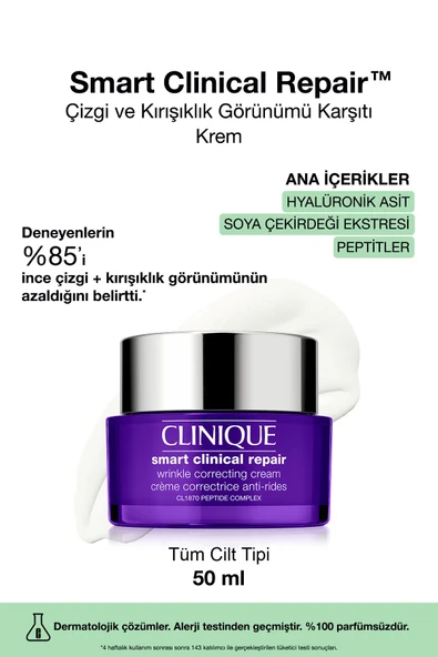 CLİNİQUE Smart Clinical Repair™ Çizgi Ve Kırışıklık Görünümü Karşıtı Krem 50 ml | Hyalüronik Asit, Peptit