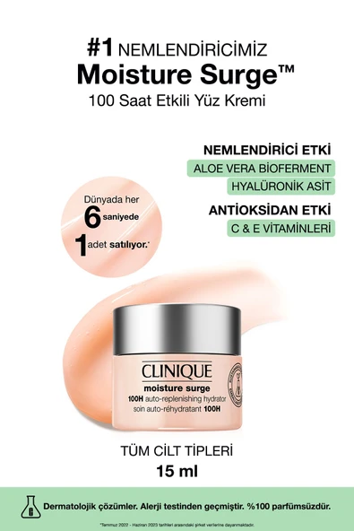 CLİNİQUE Moisture Surge™ 100 Saat Etkili Nemlendirici Yüz Kremi 15ml | Aloe Vera Bioferment, Hyalüronik Asit - 1