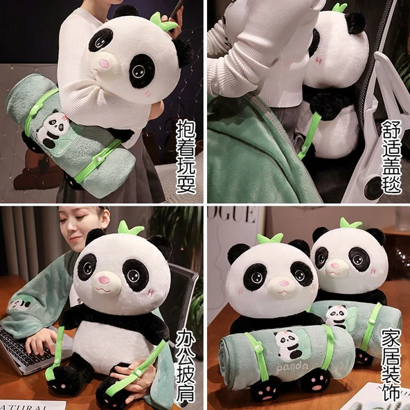 Panda Bambu Desenli Rulo Battaniye - Resim Rengi - 40*28cm+150*170cm - 3