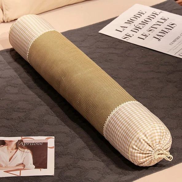 Ekose Desenli Buz Rattan Uzun Yastık - Bej Ekose 70*15cm